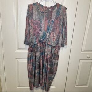 Vintage M.C.S. ltd Blouson Floral Dress Gray Mauve Blue Size 22.5